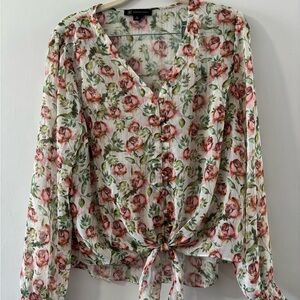 INC International Concepts White Floral Tie-Front Blouse with Pink Roses